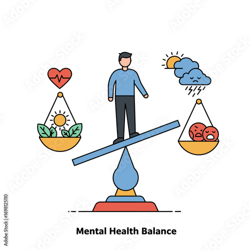 Conceptual illustration of psychological well-being, showing a person balancing on scales between positive emotions like joy and negative feelings like stress and sadness