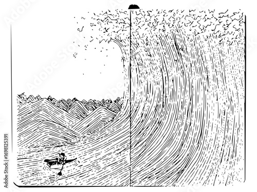 Dramatic line art illustration of a man rowing against a massive ocean wave and mountains