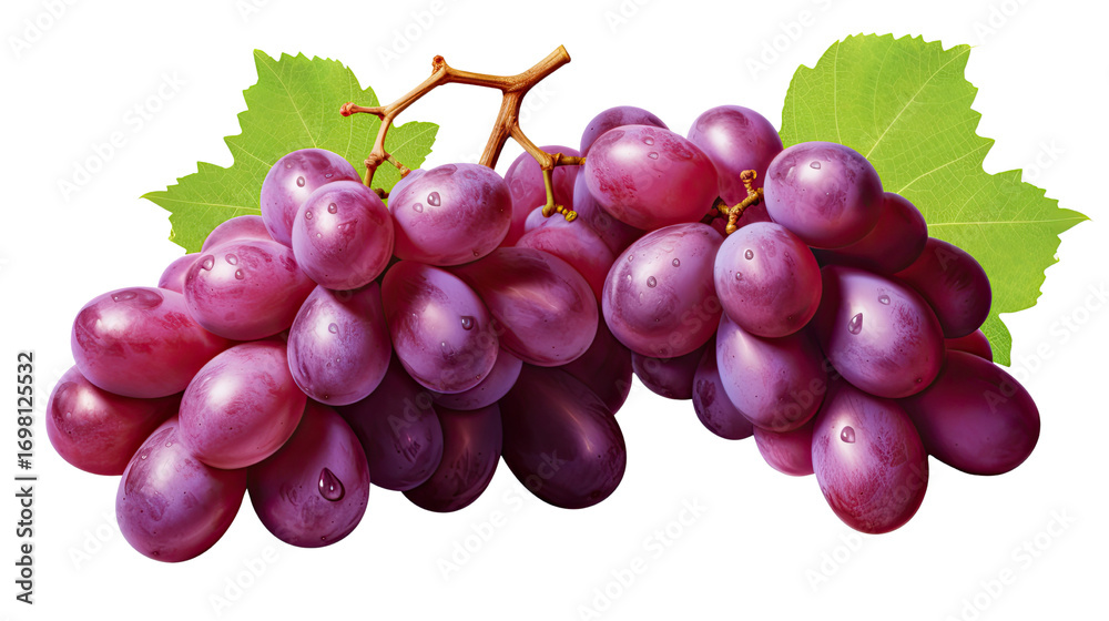 Fototapeta premium Fresh juicy purple grapes with green leaves and water drops isolated on white background 