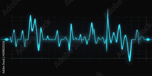 Medical heart rate cardiogram line chart on a black monitor with an electrocardiogram sound wave pulse