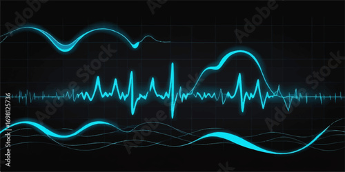 A pulsating green cardiogram line graphs a human heartbeat on a medical monitor screen