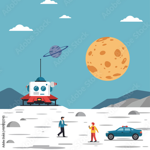 Flat design illustration of an unusual extraterrestrial scene with a space lander, human explorers, and a police car on a barren alien landscape under planetary skies