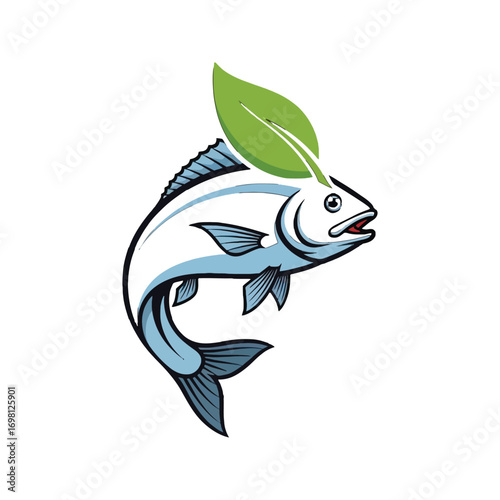 Organic fresh fish with a green leaf vector logo illustration.