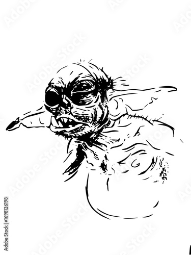 Fearsome creature with sharp teeth and large eyes gazes intensely, evoking horror and fantasy themes