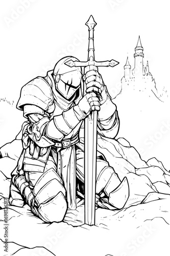 Brave knight kneels with sword resting on rocky terrain, castle distant