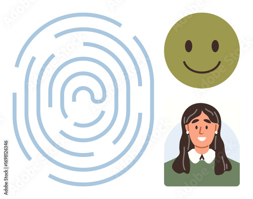 Abstract fingerprint pattern next to a green happy face and a female portrait. Ideal for identity, security, happiness, individuality, biometrics, authentication, privacy. A simple flat metaphor