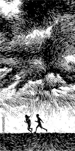 Two dynamic figures sprint across textured terrain under a swirling, dramatic sky creating a sense of urgency and motion.