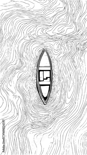 Solitary rowboat drifts on dynamic water currents, evoking journey and contemplation.