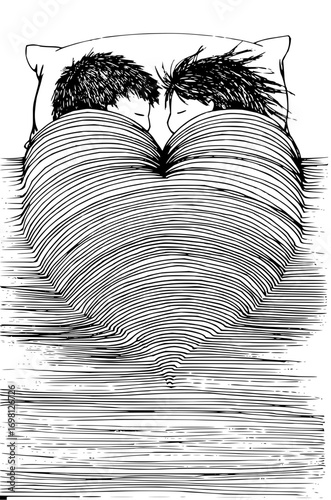Couple sleeping intimately under a heart-shaped duvet, symbolizing love and deep connection