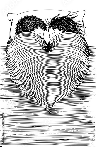 Couple sharing intimate sleep under covers forming a heartwarming embrace, conveying deep connection and love.