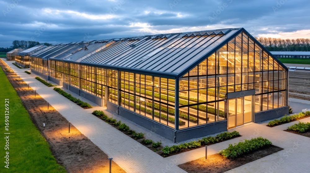 Obraz premium Illuminated greenhouses growing crops at dusk, modern farming technology