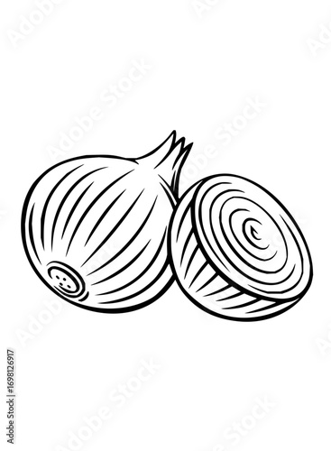 Fresh whole onion and a vibrant cut cross-section revealing layered rings for culinary art
