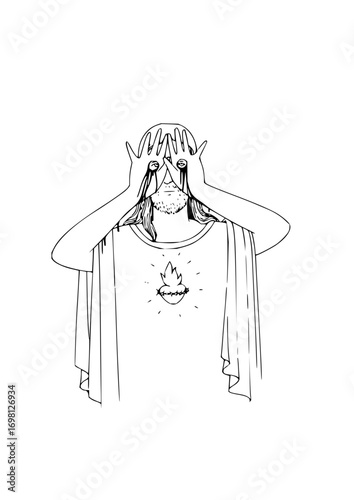 Spiritual figure with heart symbol and covered eyes, conveying contemplation and divine insight