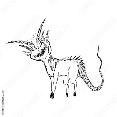 Whimsical creature with sharp horns and spotted tail stands ready for fantasy adventures