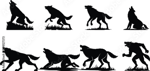 Collection of silhouetted wolves howling in various poses