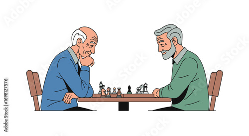 Two Senior Men Playing Chess Strategy Competition and Senior Lifestyle Illustration