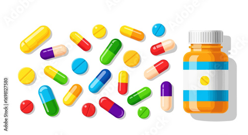 Colorful Pills and Medicine Bottle Healthcare Pharmacy and Medical Illustration