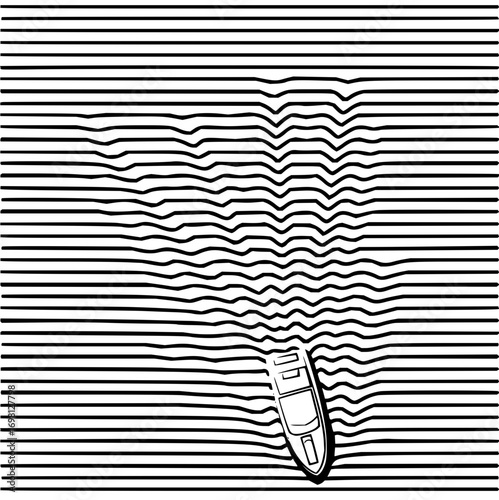 Sleek motorboat glides through wavy abstract lines creating dynamic motion effect
