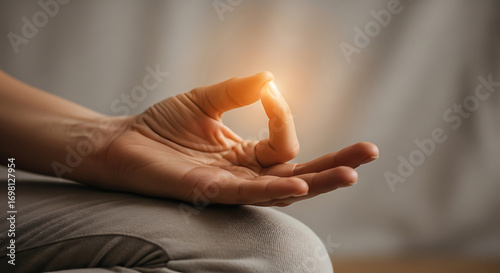 Hand in gyan mudra with glowing energy during kundalini meditation spiritual practice serene atmosphere