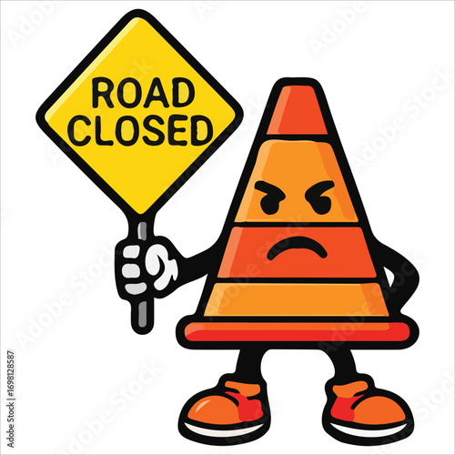 Traffic Cone Mascot Holding Road Closed Sign – Warning Alert