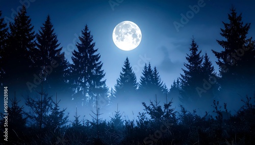 Misty forest at night under a full moon