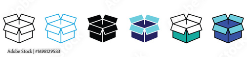 Open box package icon set, outline and filled style symbols for delivery and e-commerce apps