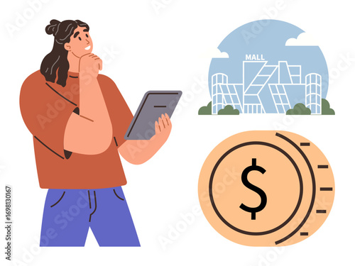 Woman holding tablet pondering decision, mall illustration in background, large dollar coin. Ideal for decision-making, shopping, budgeting, e-commerce, retail planning, personal finance