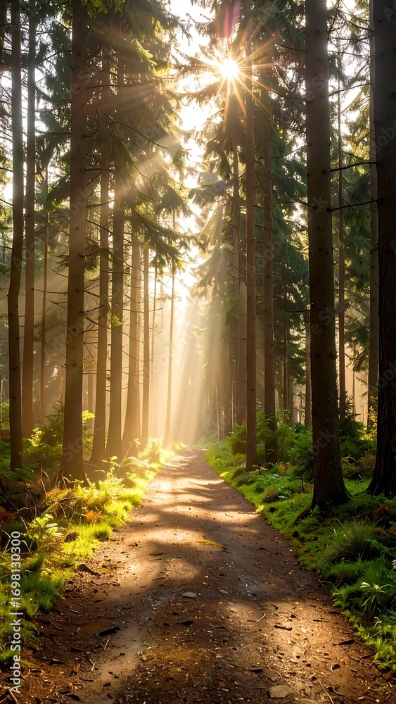 Obraz premium Sunlight streams through a dense forest path