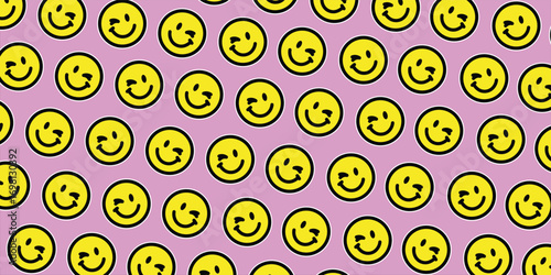winking face emoji sticker, yellow face with winking eye, black outline, cute sticker on pink background, groovy aesthetic, vector design element