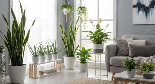Indoor plants in pots arranged in a bright living room setting