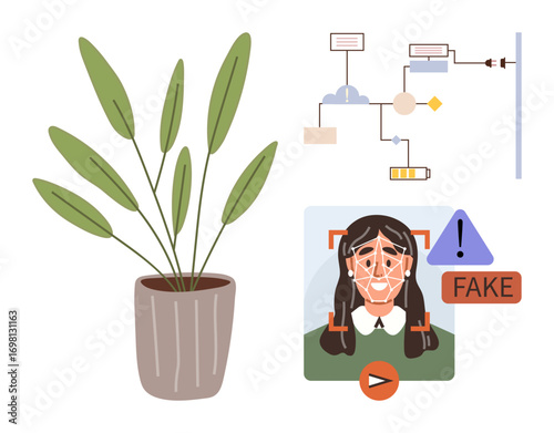 Facial recognition system scanning a face with an alert for fake detection, potted plant nearby, algorithm flowchart. Ideal for AI concepts, cybersecurity, bot detection, biometric data, identity