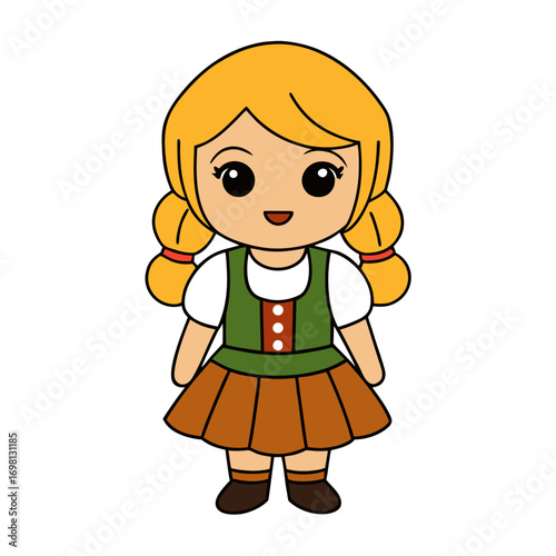 Adorable cartoon girl illustration with blonde pigtails, dressed in a traditional folk costume, a charming graphic concept capturing cultural themes and childhood innocence