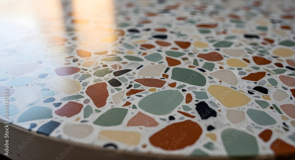 Naklejka premium Vibrant terrazzo surface texture with warm sunlight creating elegant reflections, perfect for modern interior design.