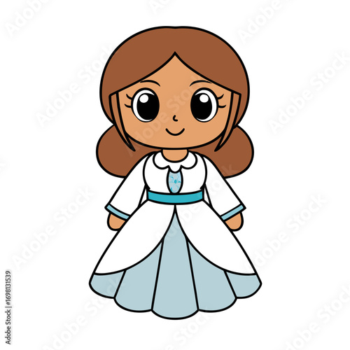 Charming cartoon princess in a lovely blue and white gown, a cute chibi girl character with big eyes for fairy tale illustrations