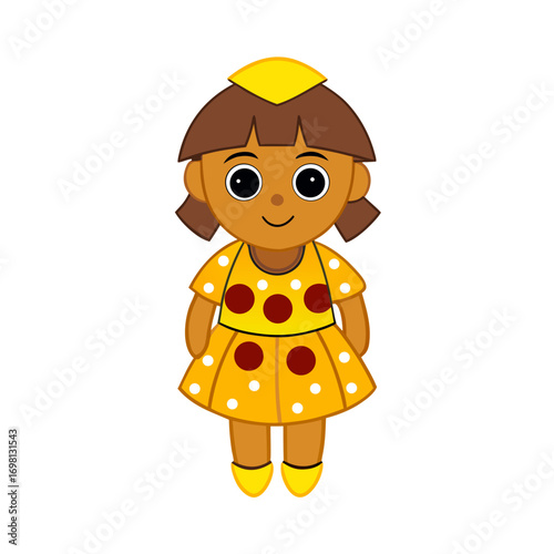 Cartoon illustration of a young girl wearing a yellow dress with polka dots and a matching headscarf