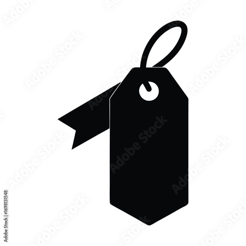Simple black silhouette of a price tag with ribbon and string illustration