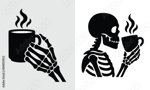 Skeleton Hand and Figure Holding Coffee Cups with Steaming Liquid for a Morbid or Humorous Visual
