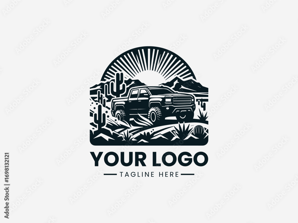 Fototapeta premium Vintage pickup truck off road adventure vector logo with desert cactus landscape