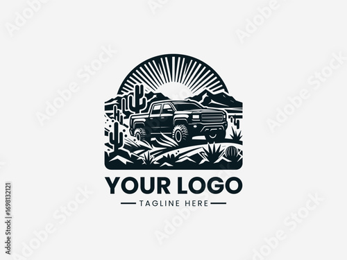 Vintage pickup truck off road adventure vector logo with desert cactus landscape