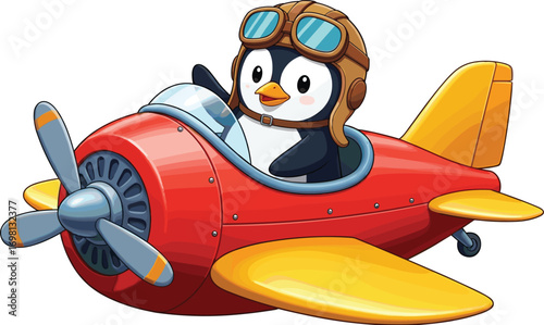 Adorable cartoon penguin flying red airplane, wearing aviator goggles and helmet, cute pilot character, aviation theme, isolated white background
