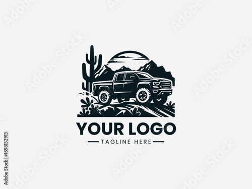 Vintage pickup truck off road adventure vector logo with desert cactus landscape