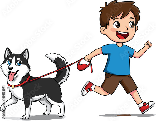 Cartoon boy running with husky dog, happy child walking pet, playful puppy character, outdoor activity, cute kid and animal illustration
