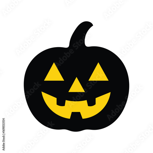 Black Halloween pumpkin icon with glowing yellow jack o lantern face for spooky holiday design