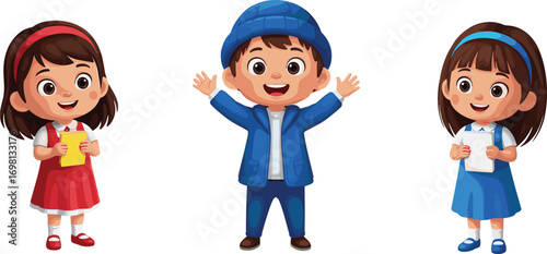 Cartoon children illustration, happy boy in blue clothes, two smiling girls holding books, school kids, education, learning, childhood concept