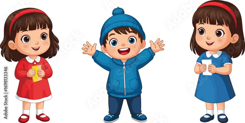 Cartoon children illustration, happy boy in blue winter clothes, two smiling girls in school uniforms holding books, education, learning, childhood concept