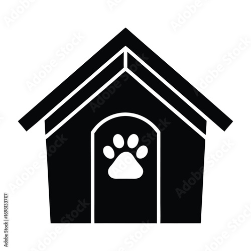 Black silhouette of a dog house with paw print symbol for pet care and animal shelter illustration
