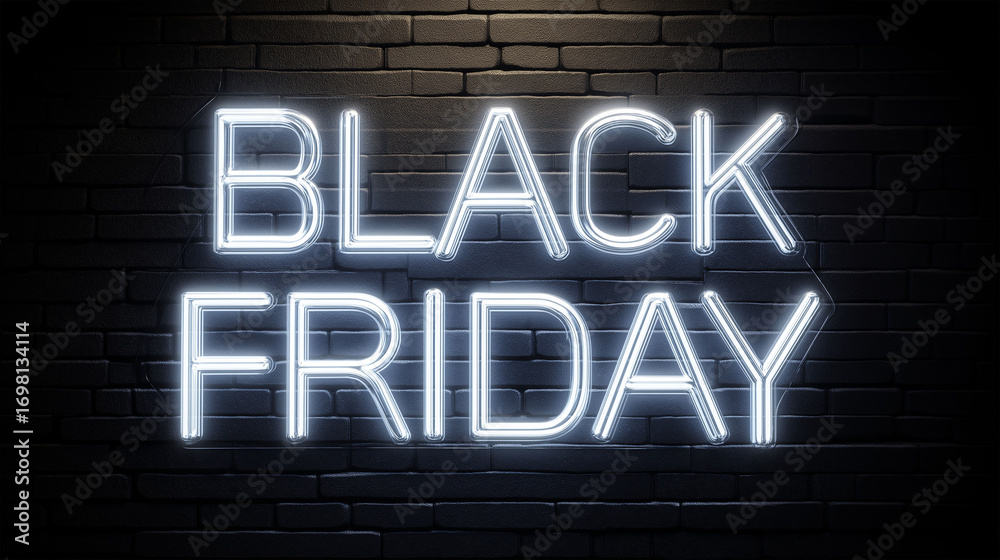 Obraz premium Neon Sign of Black Friday: A striking neon sign illuminates the words Black Friday against a weathered brick wall, embodying the thrill and anticipation of the renowned shopping event.
