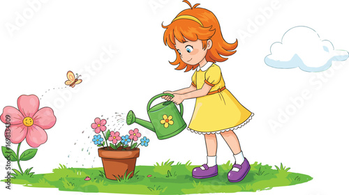 Cartoon girl watering flowers, gardening illustration, child in yellow dress, nature scene with butterfly, potted plant, outdoor spring garden vector