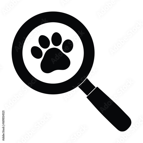 Paw print magnified silhouette symbol for animal research discovery and investigation illustration