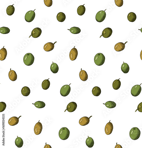 Olive berries seamless pattern. Vector graphic line ink colored illustration. White background. Packaging design illustration. For poster, invitation, backdrop, ad, sale promotion, print for t-shirt